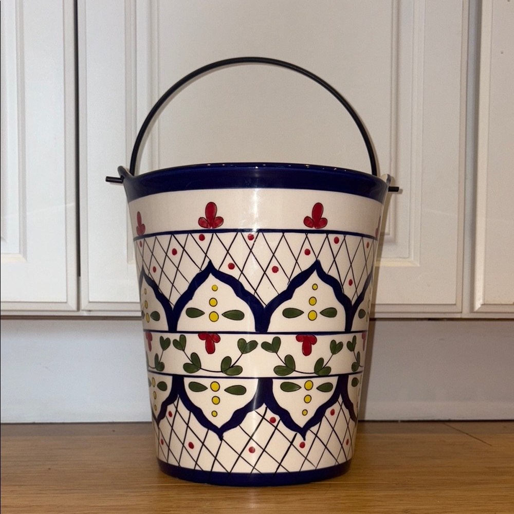 Beautiful Ceramic Decorative Bucket Planter with Metal Handle, 9” Tall x 8” Wide